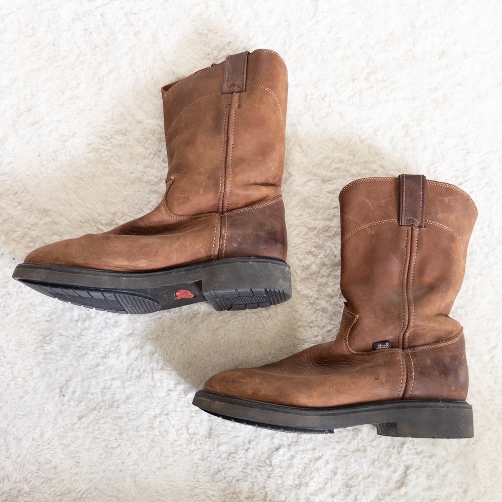 Justin Men’s Round-Up Pull-On Work Boots Size 9 Brown Leather - Picture 9 of 10